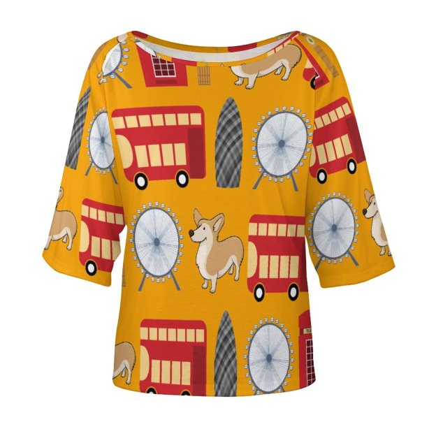 S-5XL London Icon And Corgi Collage O Neck Batwing Half Sleeve Shirts Women Loose Blouse Print Tops-Charlylifestyle