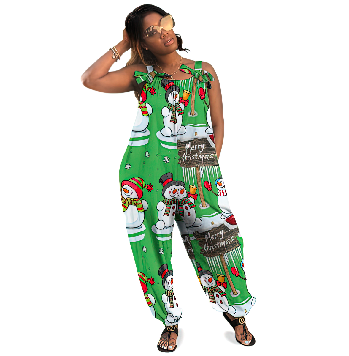 Personalized Women Merry Christmas Snowman Santa Hat Baggy Harem Overall Jumpsuit