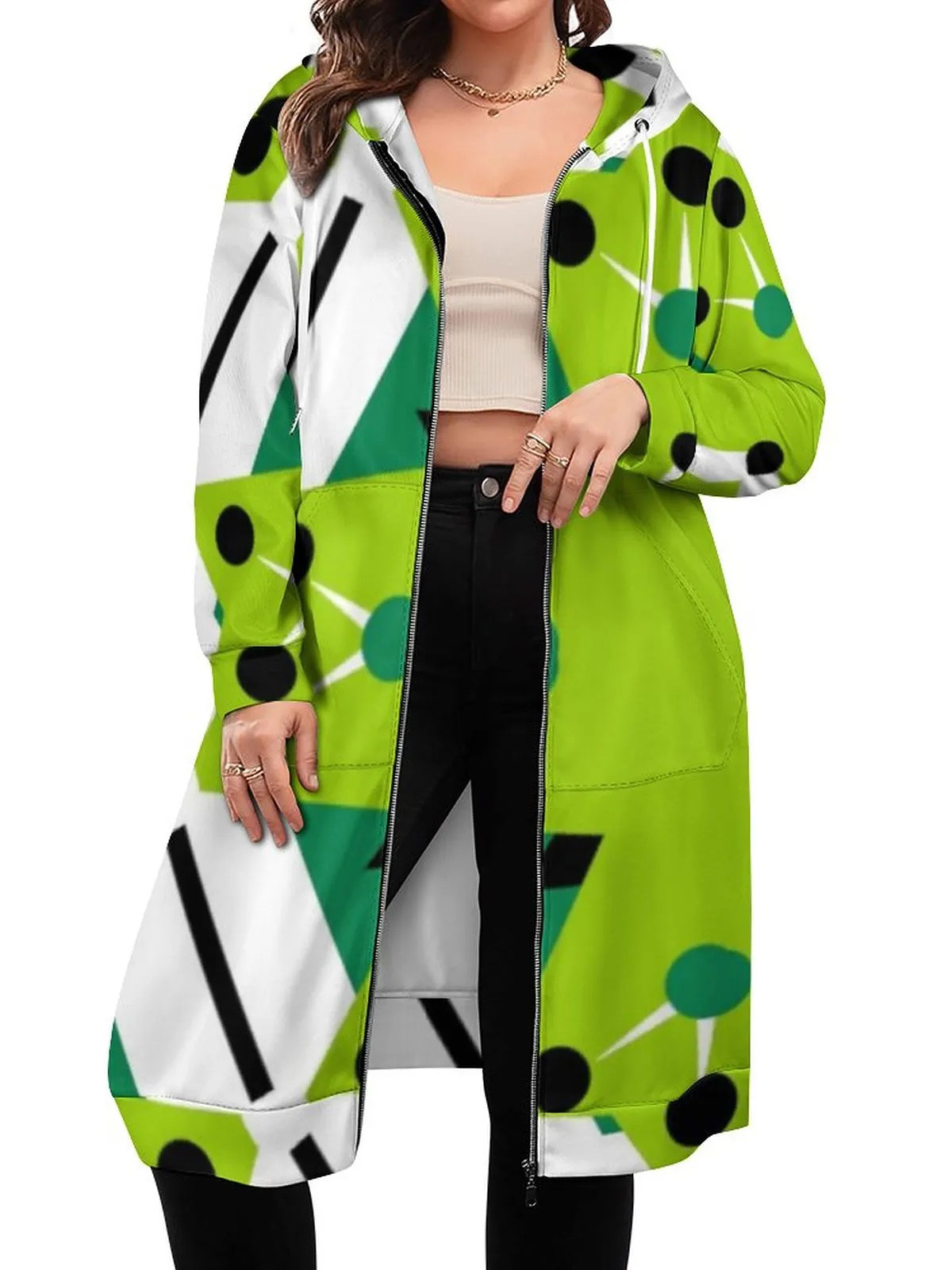Modern Lime Green Hexagon Geometric Zip Up Long Hoodie Jacket Women Tunic Sweatshirt Plus Size Open Front Cardigan Outfits