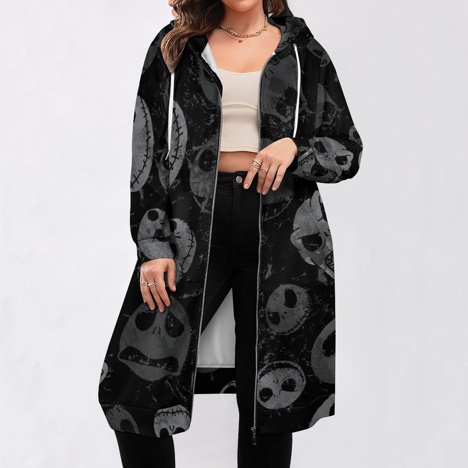 Jack Skellington Spooky Faces Zip Up Long Hoodie Jacket Coat Women Tunic Sweatshirt Plus Size Open Front Cardigan Outfits