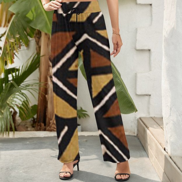 Funny Vintage Kenyan Mud Cloth Women's High Waist Wide Leg Long Palazzo Lounge Pants-Charlylifestyle