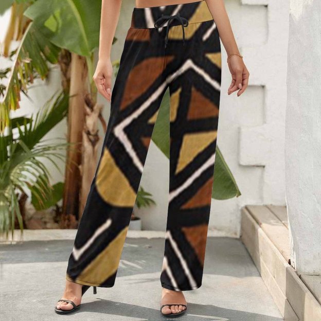 Funny Vintage Kenyan Mud Cloth Women's High Waist Wide Leg Long Palazzo Lounge Pants-Charlylifestyle
