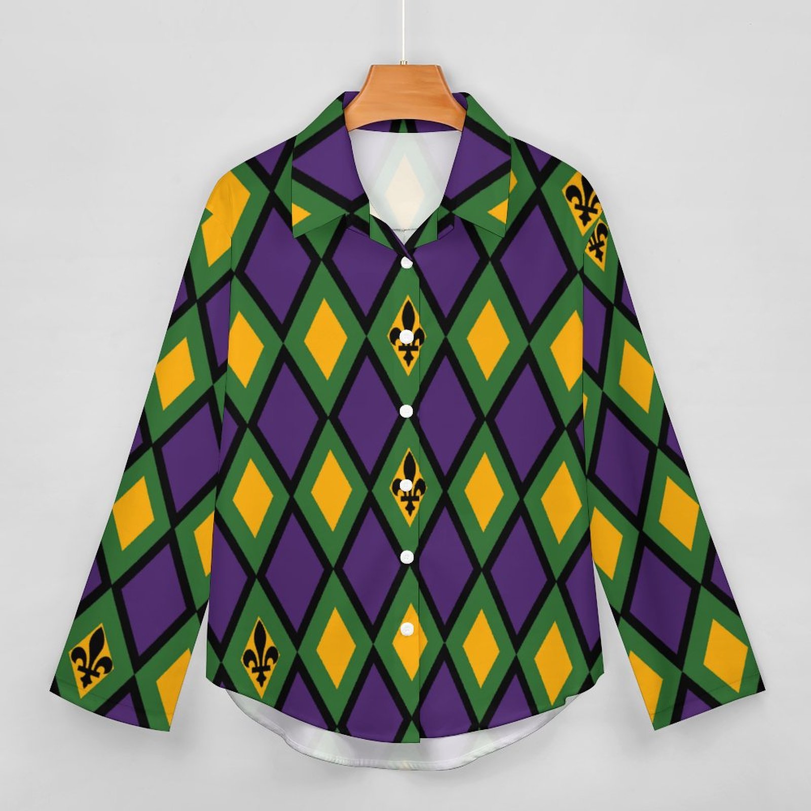 Mardi Gras Diamond Button Down V Neck Shirts Long Sleeve Turn Down Blouse Roll Up Cuffed Sleeve Casual Shirt Tops