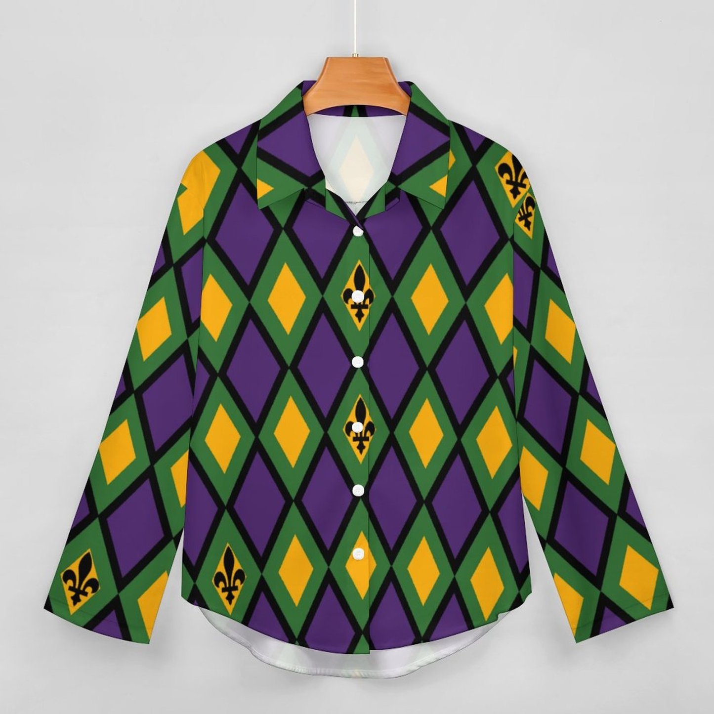 Mardi Gras Diamond Button Down V Neck Shirts Long Sleeve Turn Down Blouse Roll Up Cuffed Sleeve Casual Shirt Tops