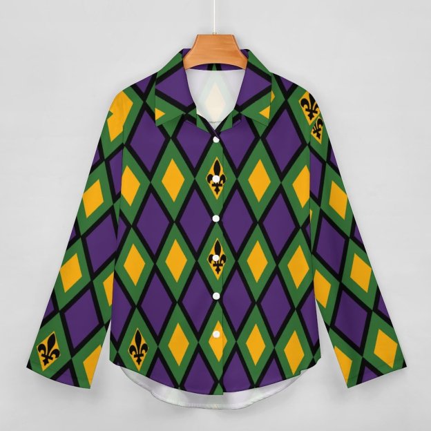 Mardi Gras Diamond Button Down V Neck Shirts Long Sleeve Turn Down Blouse Roll Up Cuffed Sleeve Casual Shirt Tops