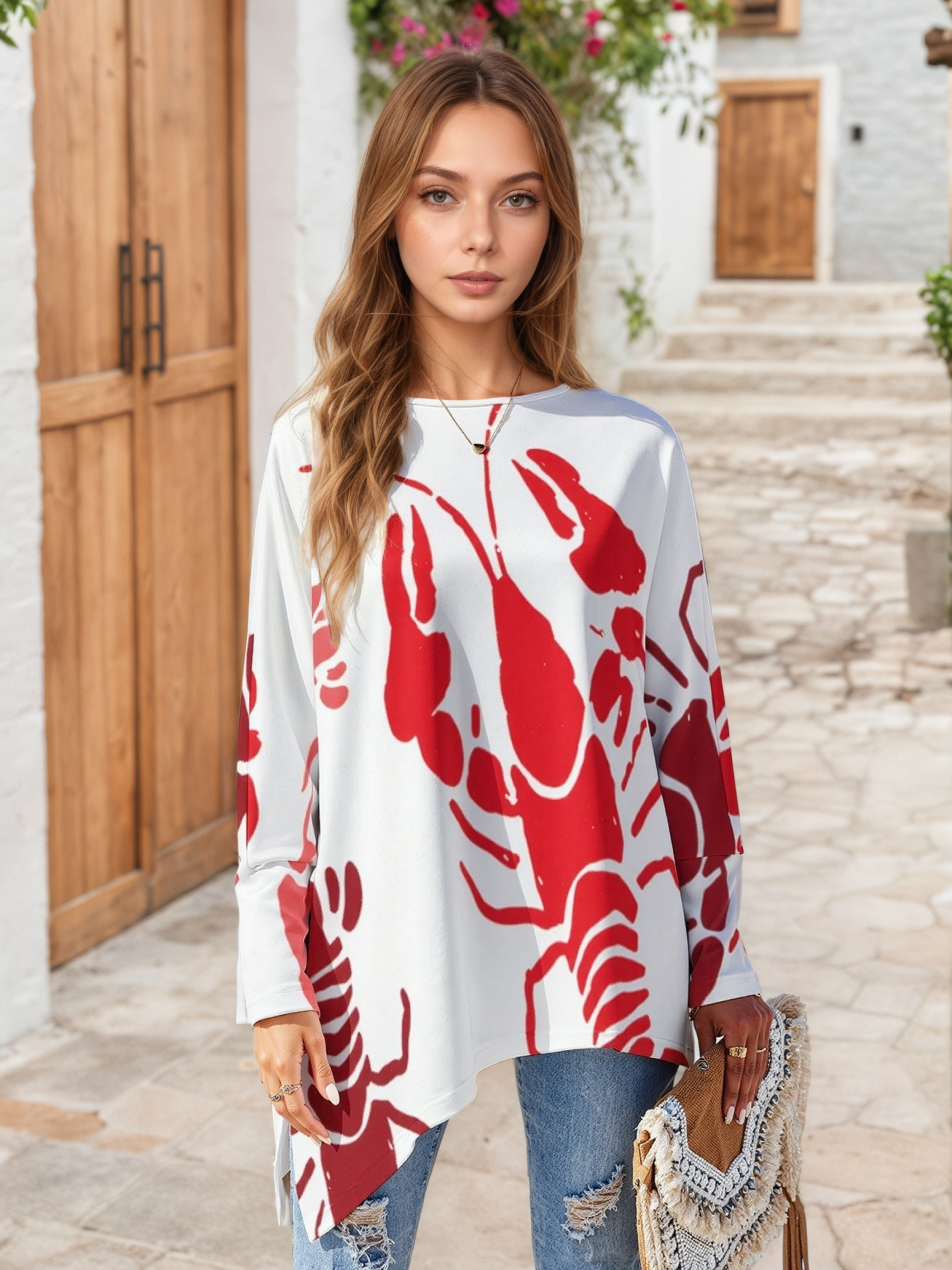 Lobster Bake Or Crawfish Boil Retro Plus Size Hanky Hem Tops for Women Tunic High Low Asymmetrical Shirt