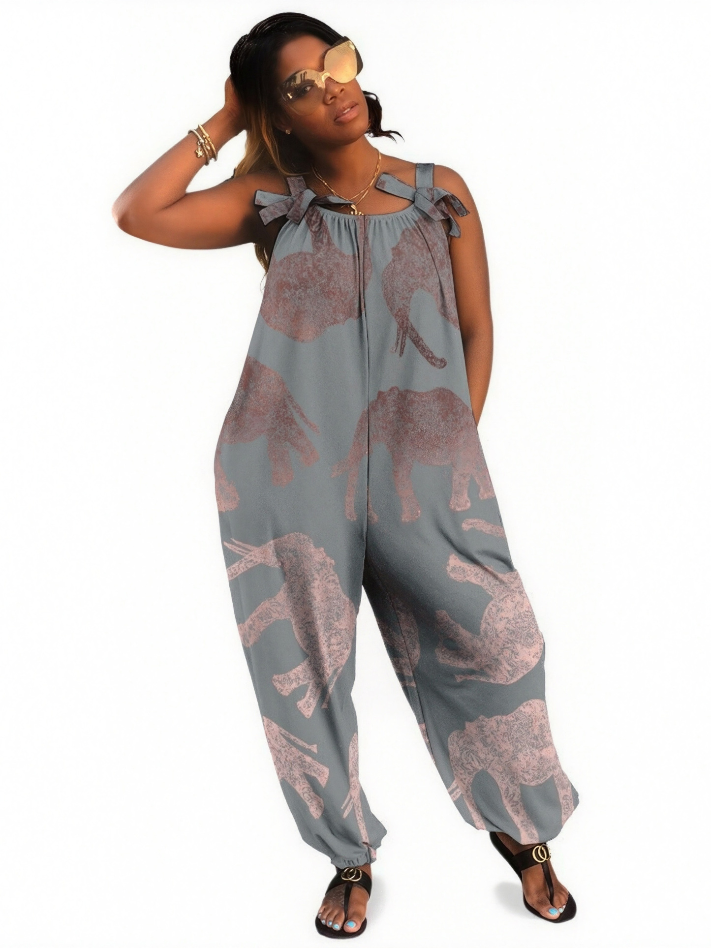 Women Modern Rose Gold Grey Elephant Print Loose Fit Baggy Harem Overall Jumpsuit Tie Spaghetti Strap Long Pants Rompers