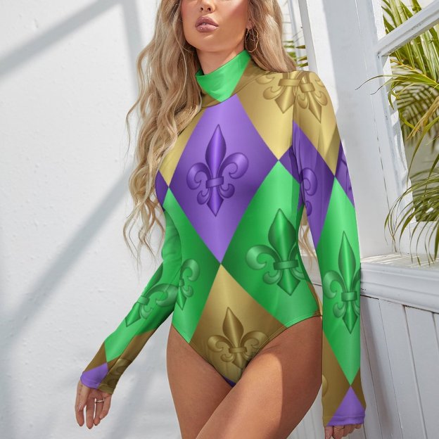 Mardi Gras Harlequin Fleur De Lis Women Mock Turtle Neck Long Sleeve Tops Bodysuit Slim Fit Body Suit Basic T Shirts Jumpsuit
