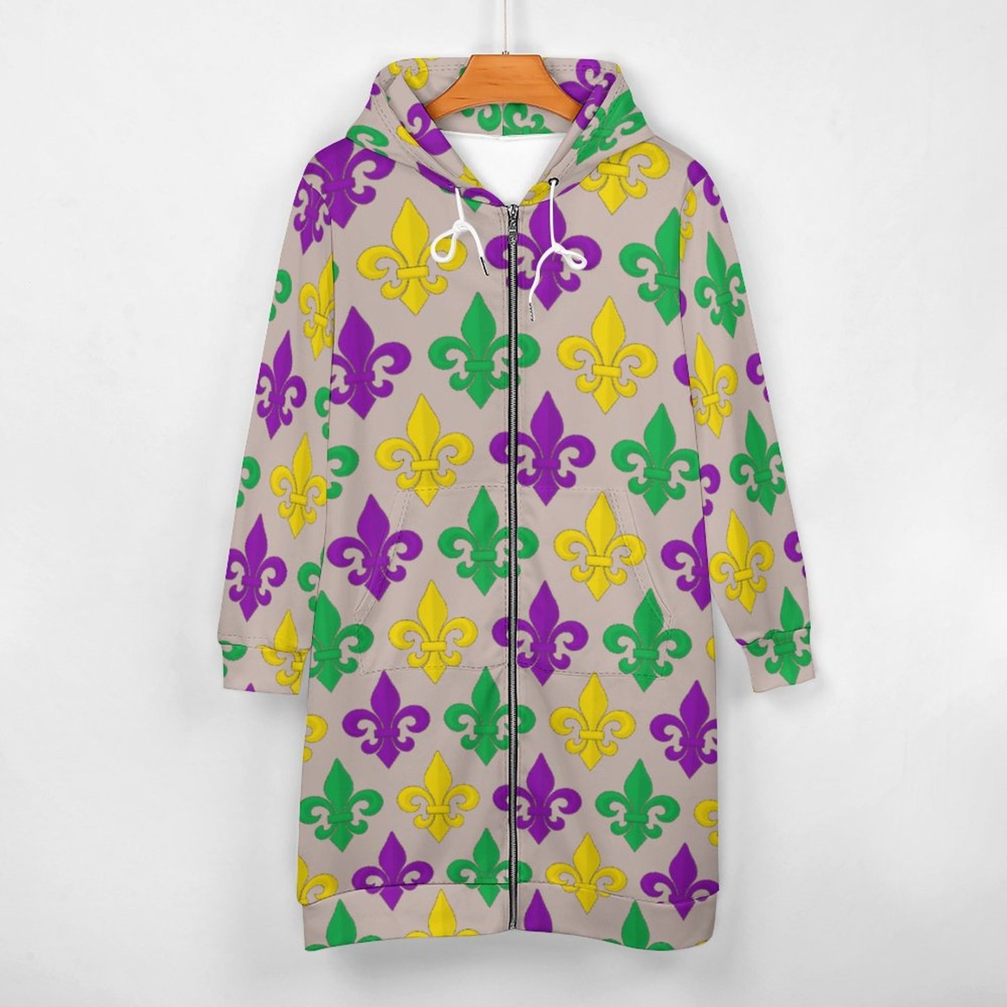 Mardi Gras Green Gold Purple Fleur De Lis Zip Up Long Hoodie Jacket Women Tunic Sweatshirt Plus Size Open Front Cardigan Outfits