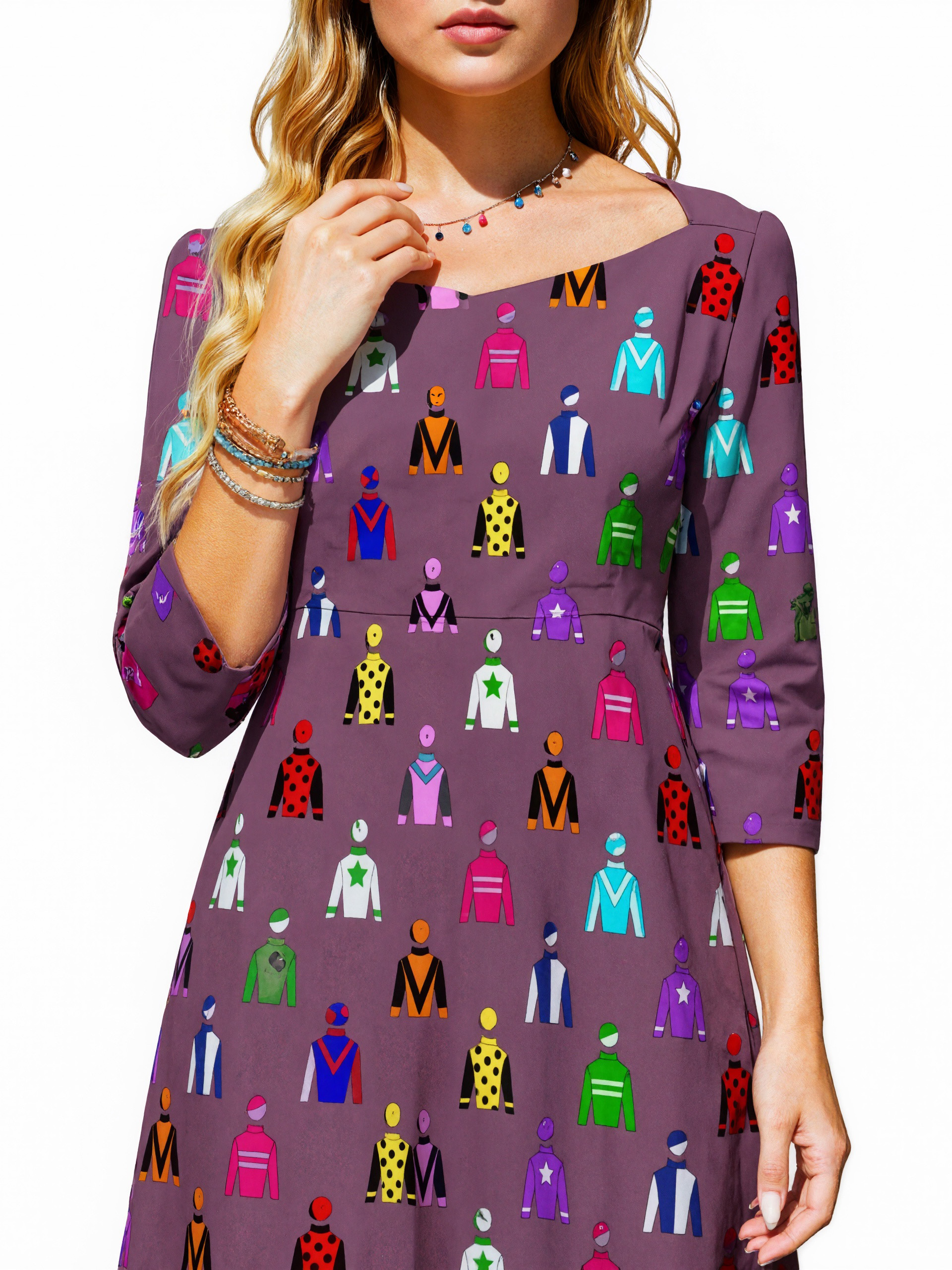 Jockey Silks Horse Rider Printed Summer 3/4 Sleeves Sweetheart Neckline Dress Women Vintage 1950S A-Line Prom Dresses