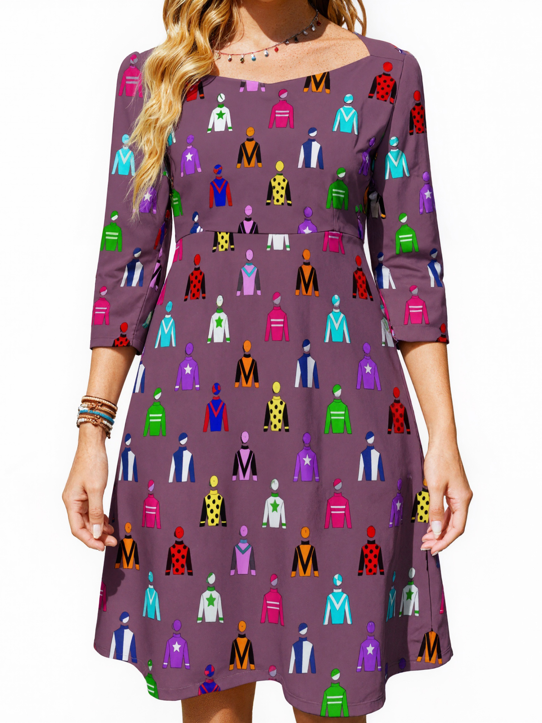 Jockey Silks Horse Rider Printed Summer 3/4 Sleeves Sweetheart Neckline Dress Women Vintage 1950S A-Line Prom Dresses