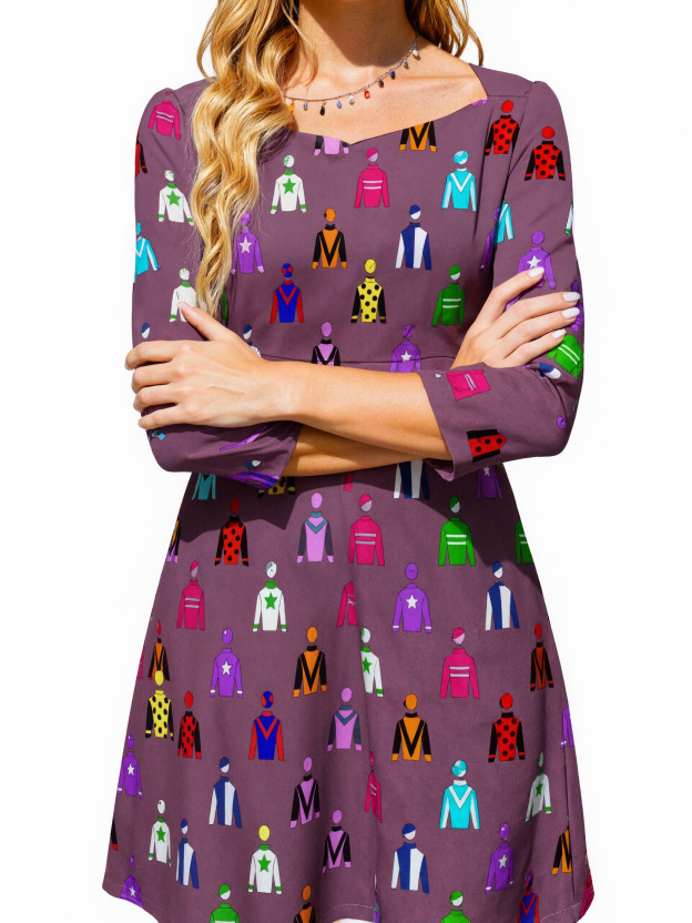 Jockey Silks Horse Rider Printed Summer 3/4 Sleeves Sweetheart Neckline Dress Women Vintage 1950S A-Line Prom Dresses