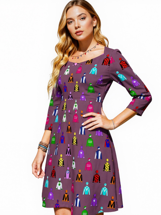 Jockey Silks Horse Rider Printed Summer 3/4 Sleeves Sweetheart Neckline Dress Women Vintage 1950S A-Line Prom Dresses