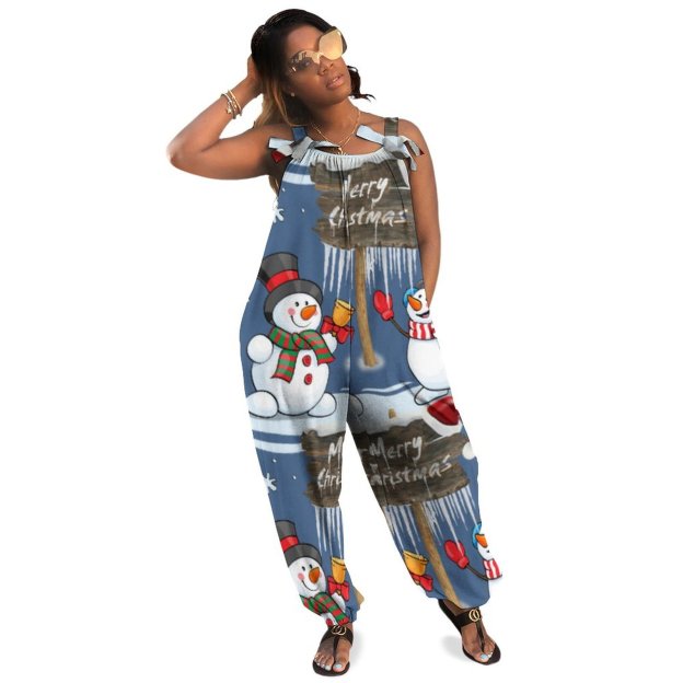 Personalized Women Merry Christmas Snowman Santa Hat Baggy Harem Overall Jumpsuit