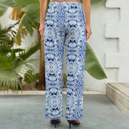 Summer Fall Indigo Blue Shibori Tie Dye Printed Women's High Waist Wide Leg Long Palazzo Lounge Pants-Charlylifestyle