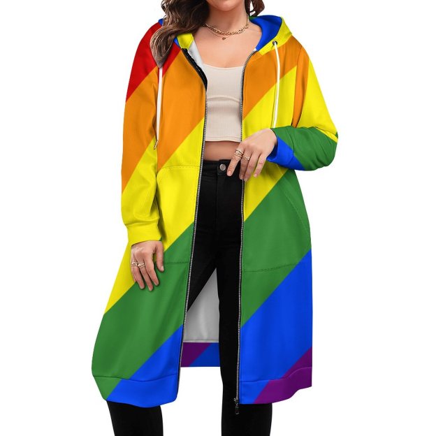 Lgbt Pride Diagonal Rainbow Stripe Zip Up Long Hoodie Jacket Women Tunic Sweatshirt Plus Size Open Front Cardigan Outfits