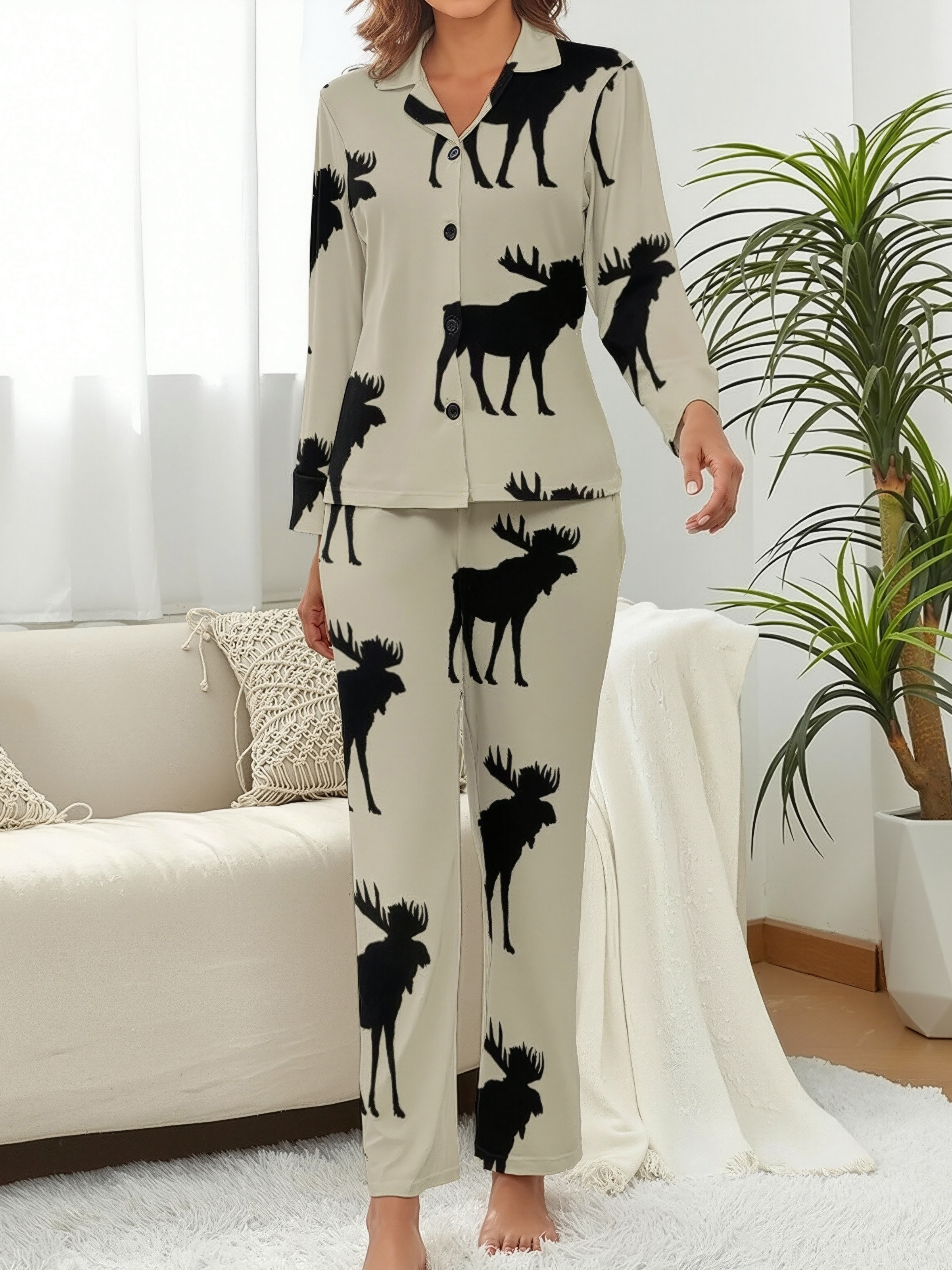 Funny Vintage Moose Silhouette Women Long Sleeve 2 Piece Sleepwear Casual Button Down Loungewear Pjs Set Nightwear
