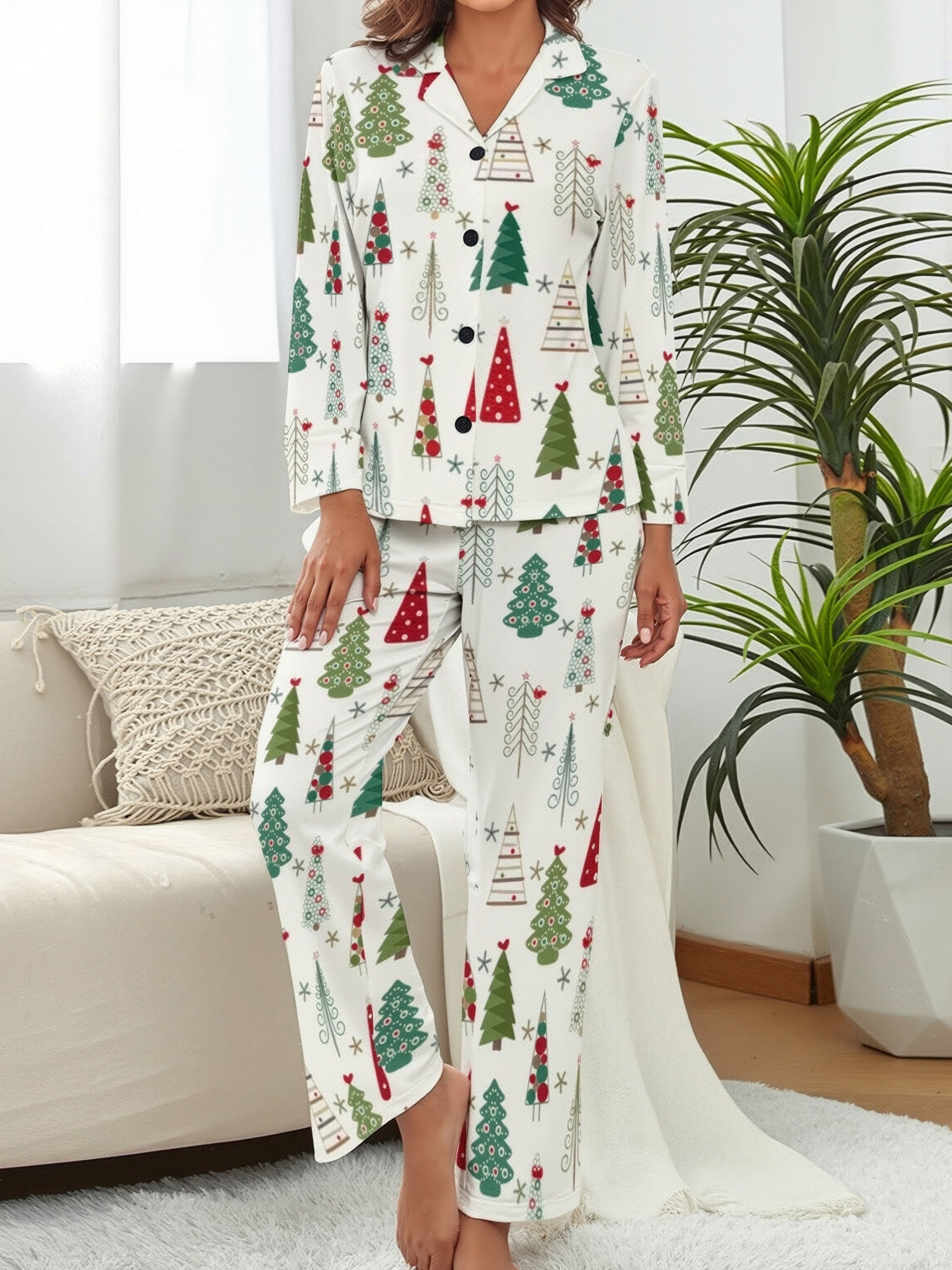 Modern Minimalist Christmas Tree Women Long Sleeve Two Piece Sleepwear Soft Button Down Loungewear Pjs Set Nightwear