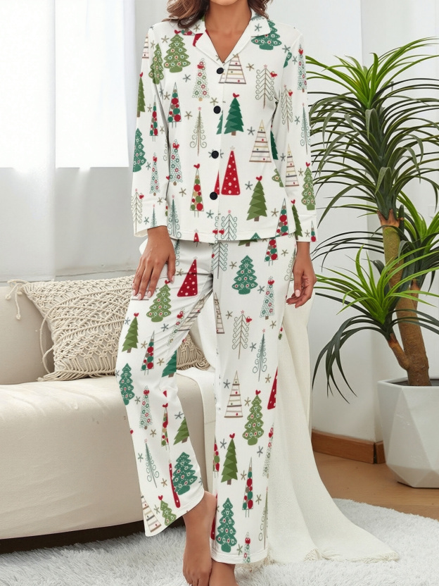 Modern Minimalist Christmas Tree Women Long Sleeve Two Piece Sleepwear Soft Button Down Loungewear Pjs Set Nightwear
