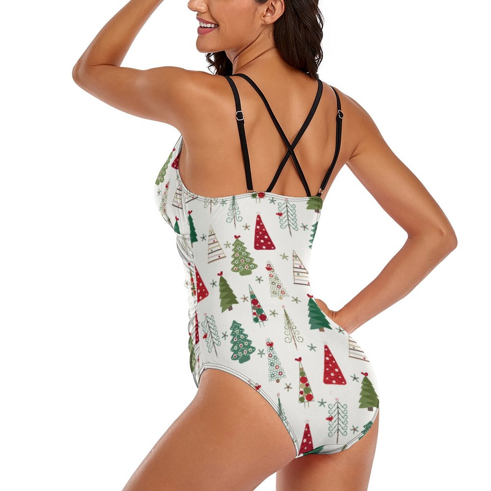 Modern Minimalist Christmas Tree Halter Backless Ruched One-Piece Swimsuit Tummy Control V Neck Bathing Suits