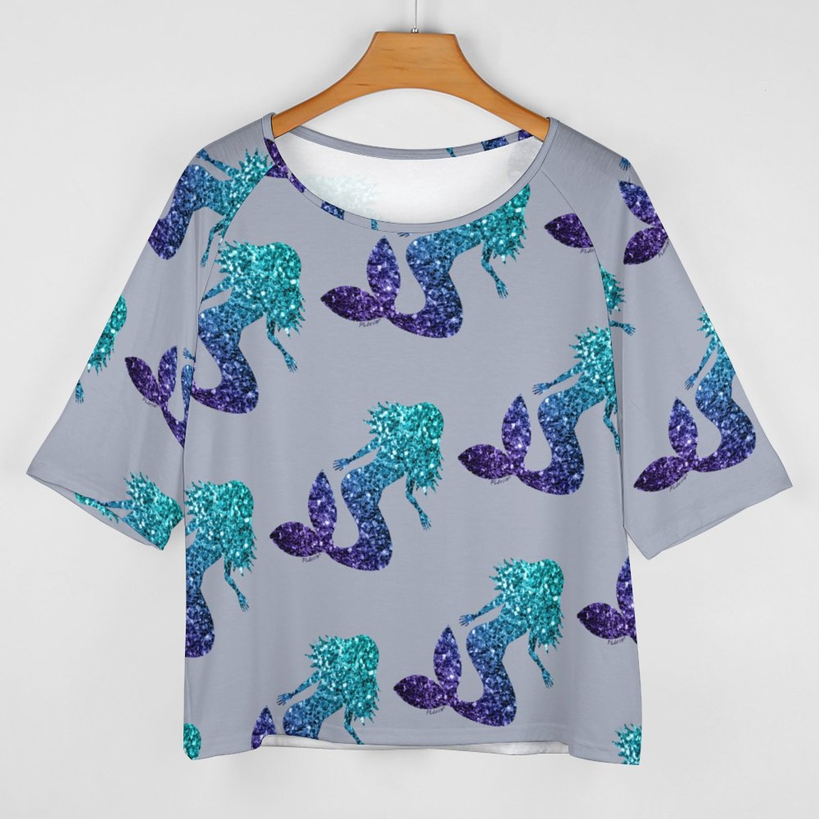 S-5XL Mermaid Aqua Blue Ombre Sparkles O Neck Batwing Half Sleeve Shirts Women Loose Street Blouse Print Tops-Charlylifestyle