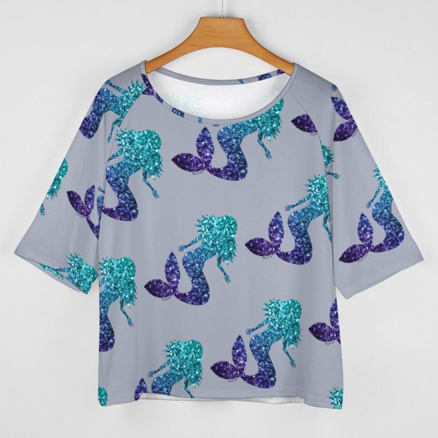 S-5XL Mermaid Aqua Blue Ombre Sparkles O Neck Batwing Half Sleeve Shirts Women Loose Street Blouse Print Tops-Charlylifestyle