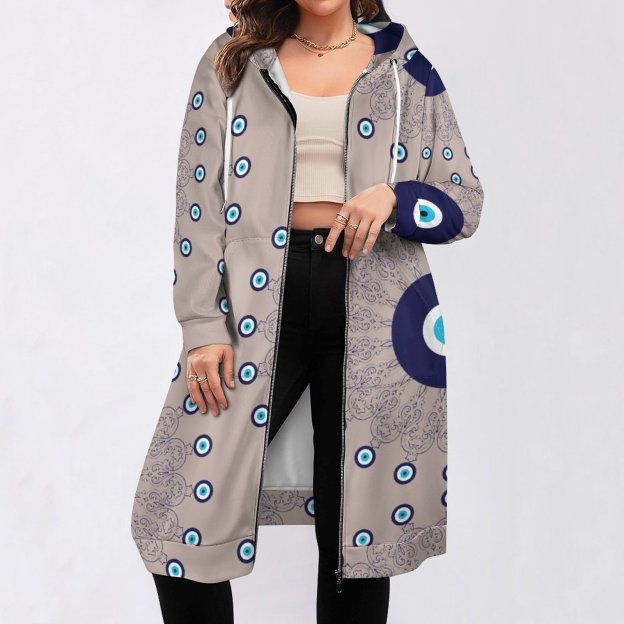 Mediterranean Blue Aqua Evil Eye Mandala Zip Up Long Hoodie Jacket Women Tunic Sweatshirt Plus Size Open Front Cardigan Outfits