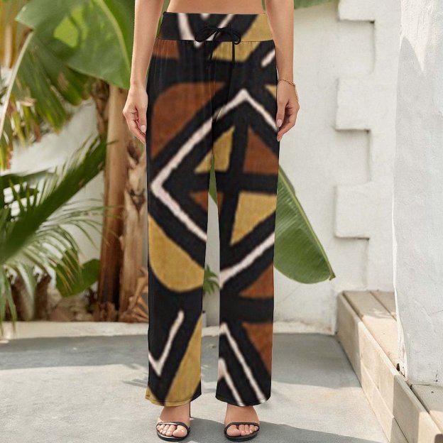 Funny Vintage Kenyan Mud Cloth Women's High Waist Wide Leg Long Palazzo Lounge Pants-Charlylifestyle