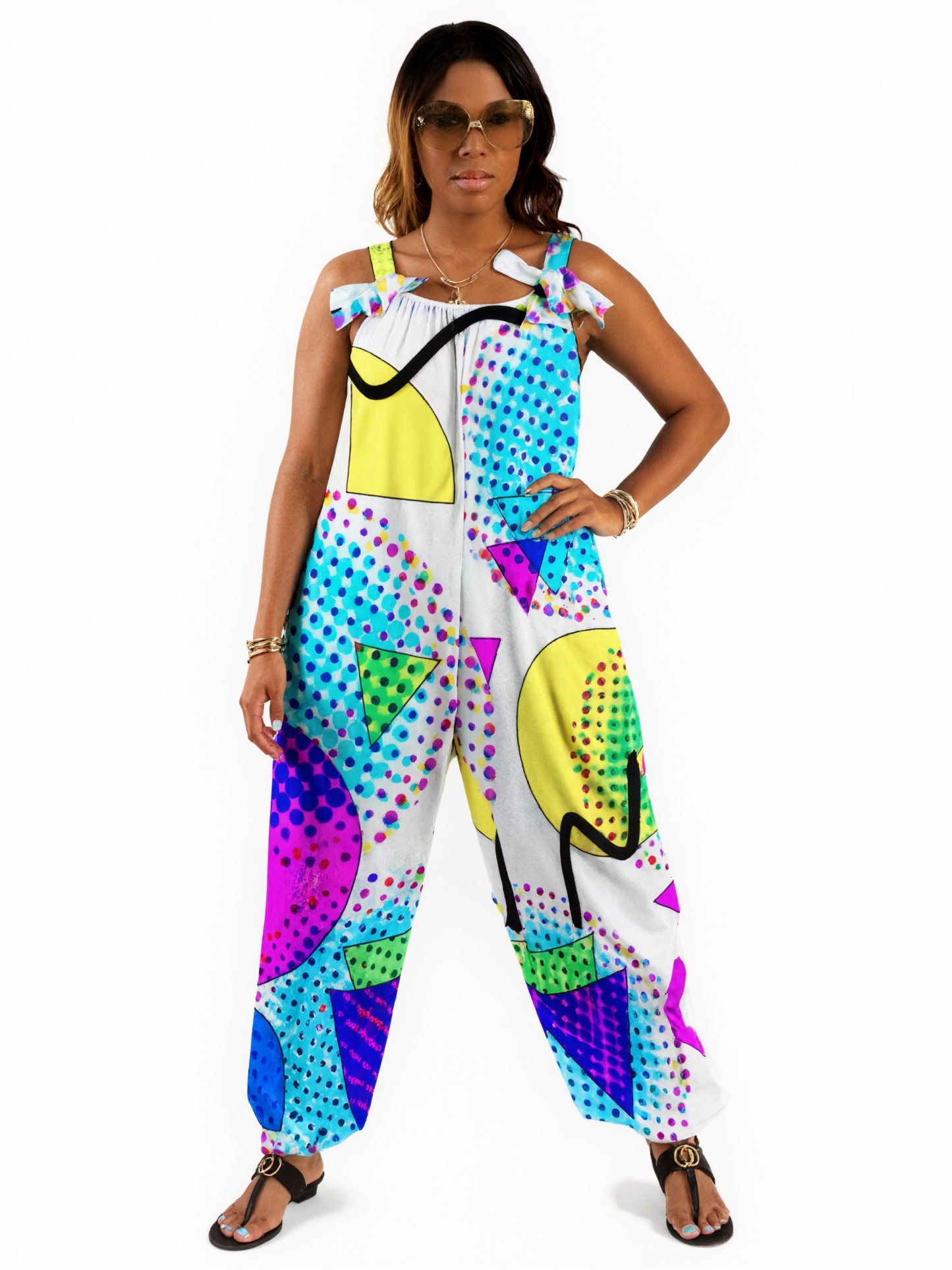 Women Modern Funky 80S Memphis Geometric Print Loose Fit Baggy Harem Overall Jumpsuit Tie Spaghetti Strap Long Pants Rompers