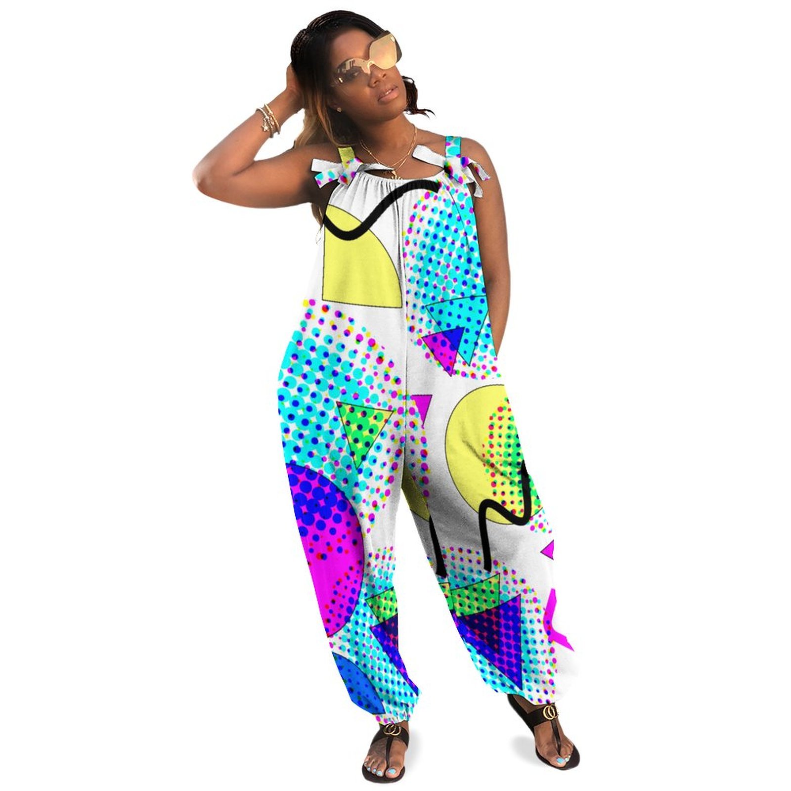 Women Modern Funky 80S Memphis Geometric Print Loose Fit Baggy Harem Overall Jumpsuit Tie Spaghetti Strap Long Pants Rompers
