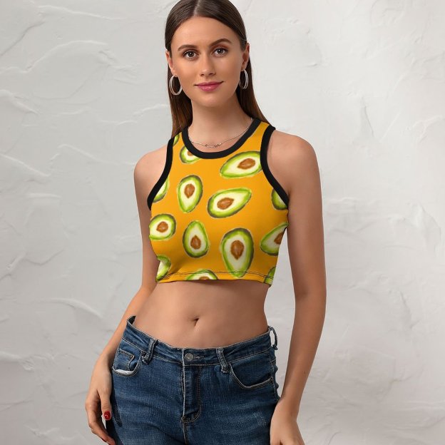 Women Summer Modern Hand Painted Avocados Watercolor Crew Neck Crop Tank Basic Sleeveless Graphic Tee Tops-Charlylifestyle