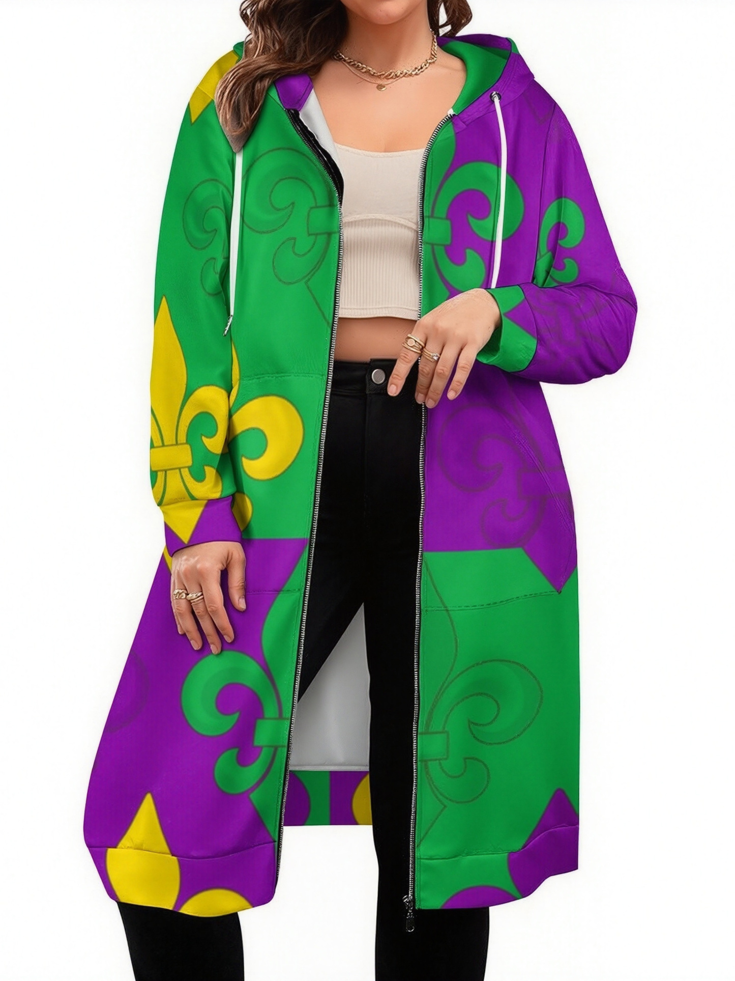 Mardi Gras French Fleur De Lis Zip Up Long Hoodie Jacket Coat Women Tunic Sweatshirt Plus Size Open Front Cardigan Outfits