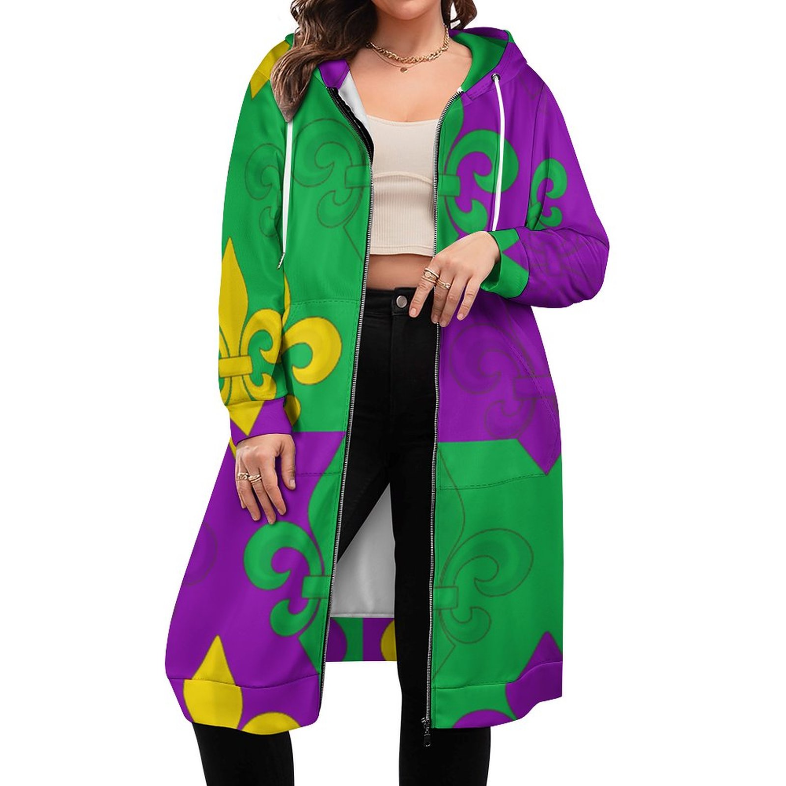 Mardi Gras French Fleur De Lis Zip Up Long Hoodie Jacket Coat Women Tunic Sweatshirt Plus Size Open Front Cardigan Outfits