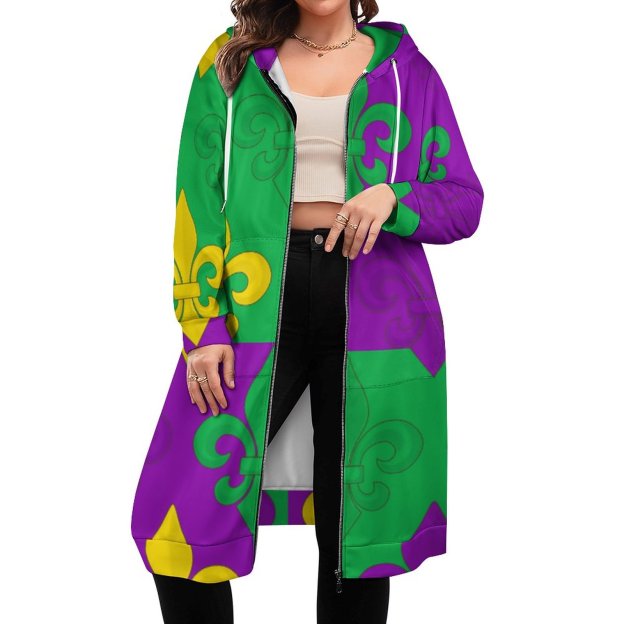 Mardi Gras French Fleur De Lis Zip Up Long Hoodie Jacket Coat Women Tunic Sweatshirt Plus Size Open Front Cardigan Outfits