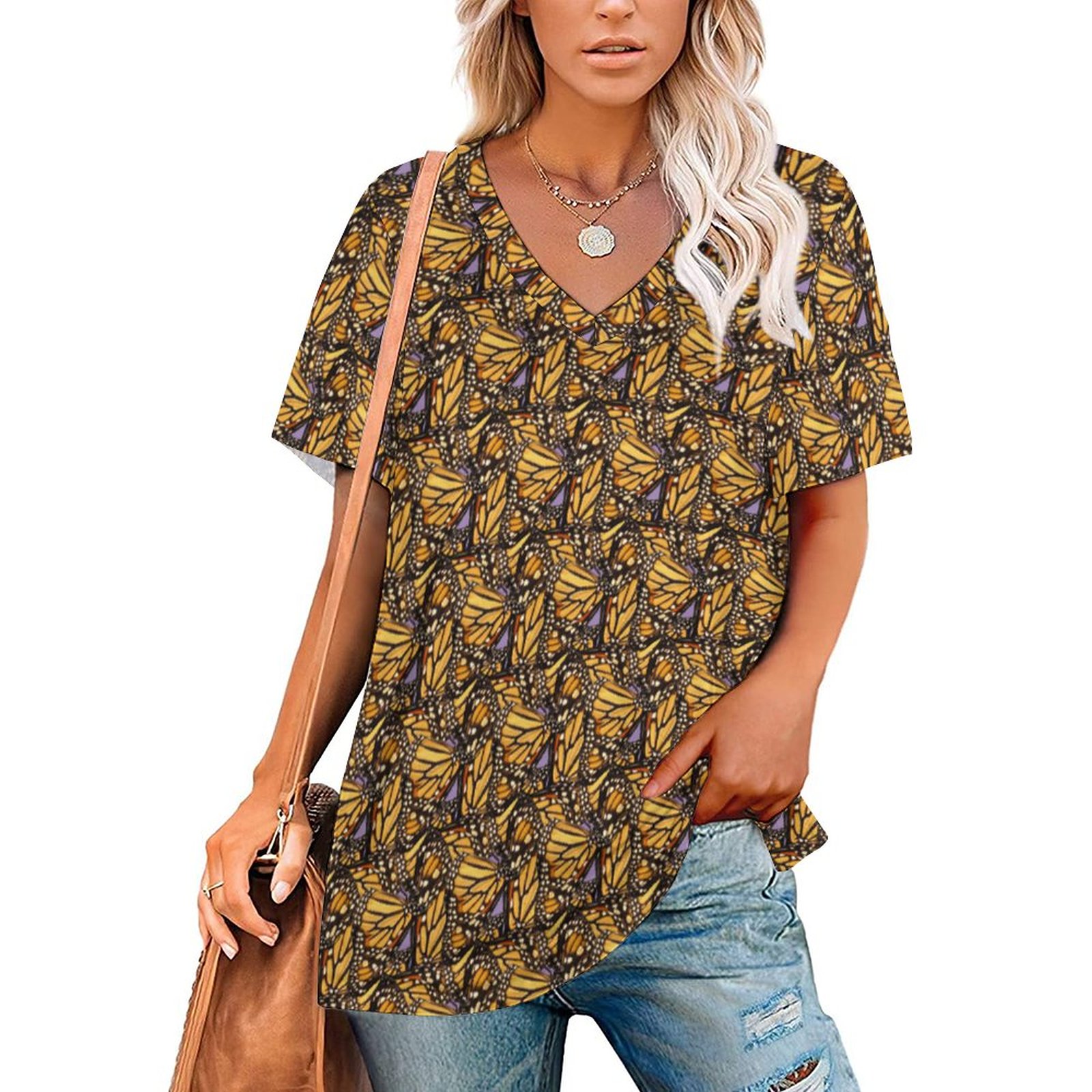 Monarch Butterfly Animal Abstract Womens Summer Casual T Shirts Boho Full Print Short Sleeve Loose Hippie Tunic Tops-Charlylifestyle