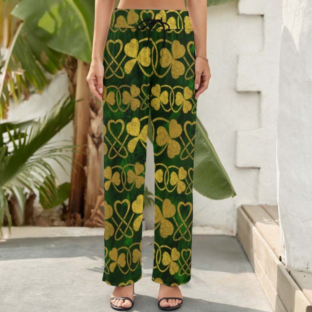 S-2XL Irish Shamrock Clover Gold And Green Women's High Waist Wide Leg Long Palazzo Lounge Pants-Charlylifestyle