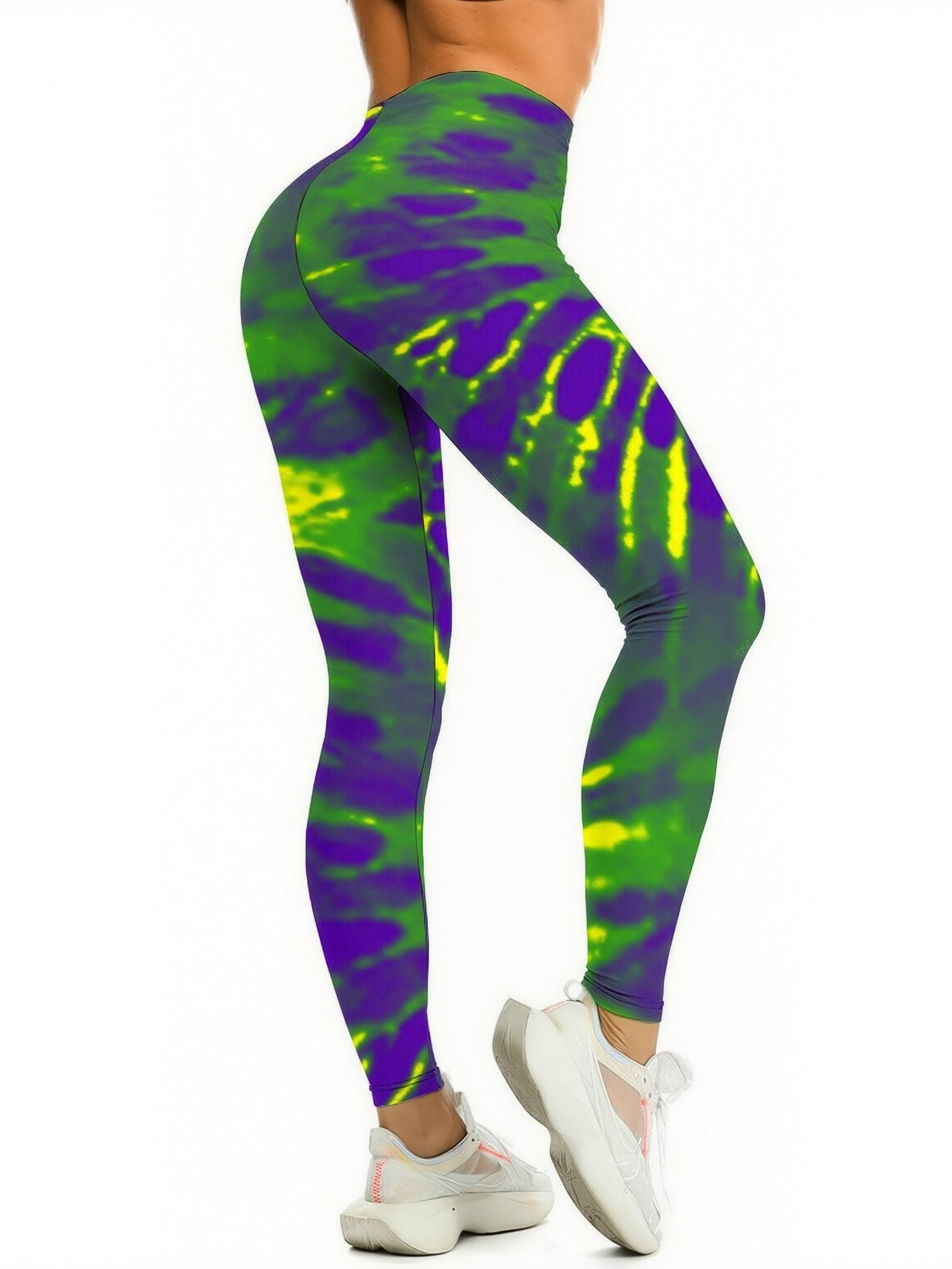 Mardi Gras Tie Dye Printed Womens High Waist Workout Leggings Wide Waistband Sports Thin Fit Gym Yoga Pants