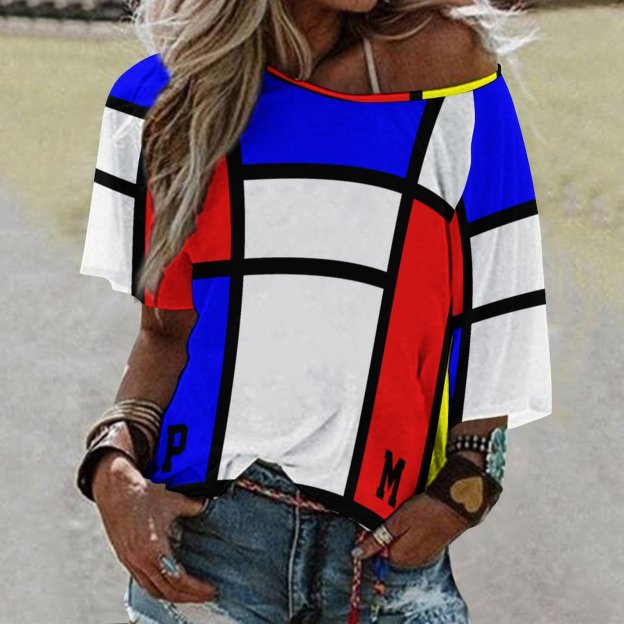 Initials Piet Mondrian Style Modern Art 3/4 Bell Sleeve T-Shirt Elbow Length Basic Tunics Tops for Women-Charlylifestyle