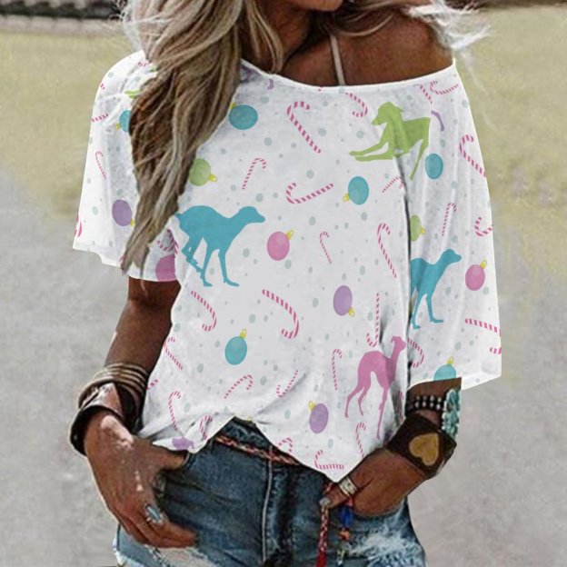 Italian Greyhound Dog Silhouette Christmas O Neck Batwing Half Sleeve Shirts Women Loose Blouse Print Tops-Charlylifestyle
