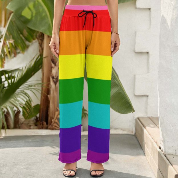 S-2XL Lgbt Rainbow Flag Original 8 Stripes Women's High Waist Wide Leg Long Palazzo Lounge Pants-Charlylifestyle