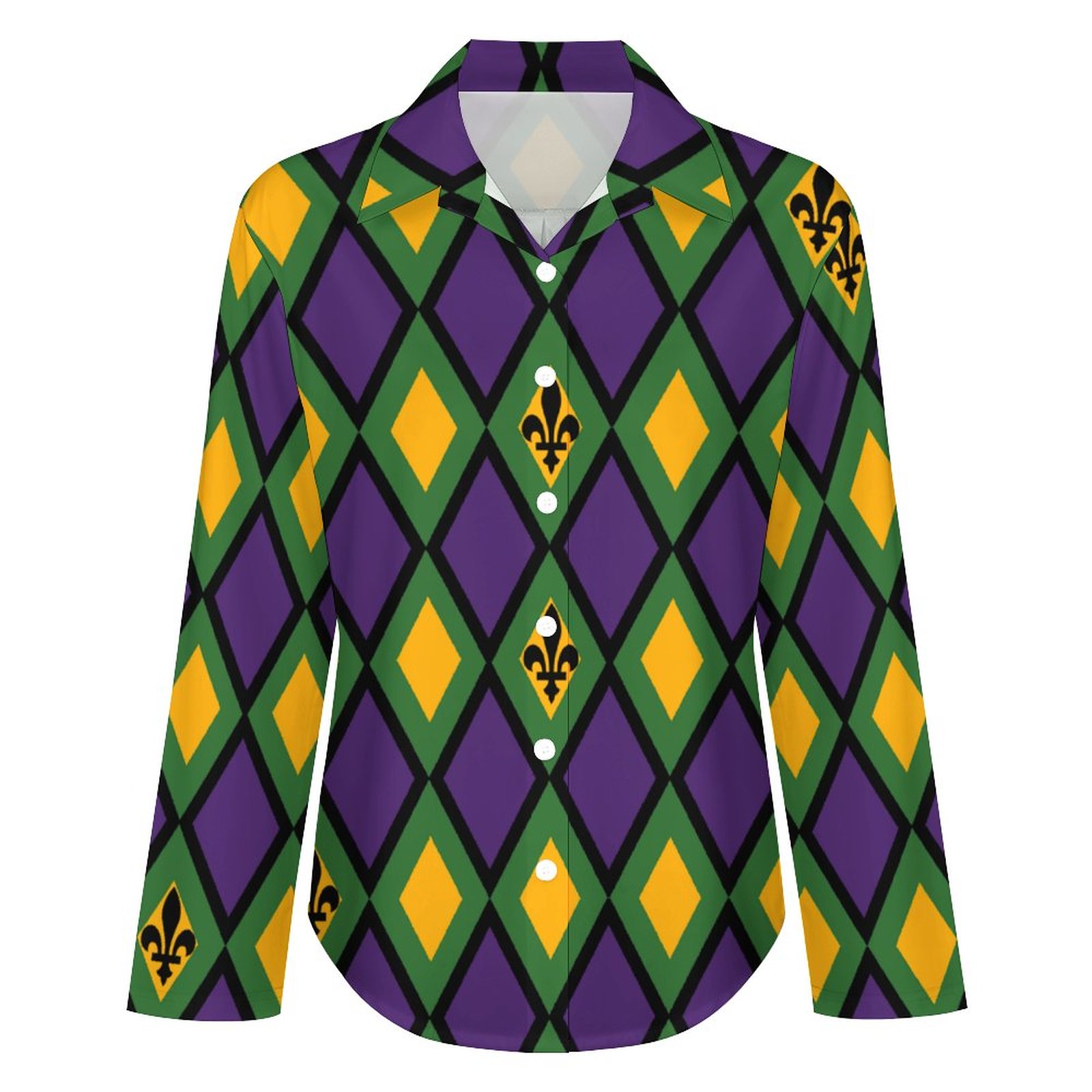 Mardi Gras Diamond Button Down V Neck Shirts Long Sleeve Turn Down Blouse Roll Up Cuffed Sleeve Casual Shirt Tops