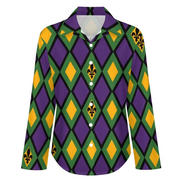 Mardi Gras Diamond Button Down V Neck Shirts Long Sleeve Turn Down Blouse Roll Up Cuffed Sleeve Casual Shirt Tops