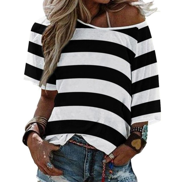 Funny Vintage Jail Stripes 3/4 Bell Sleeve T-Shirt Elbow Length Basic Tunics Tops for Women-Charlylifestyle