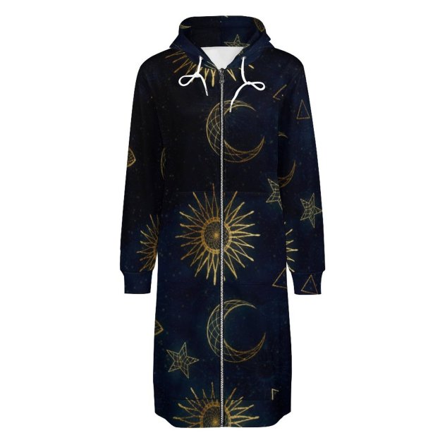 Magical Gold Moon Sun Stars Dark Blue Zip Up Long Hoodie Jacket Women Tunic Sweatshirt Plus Size Open Front Cardigan Outfits