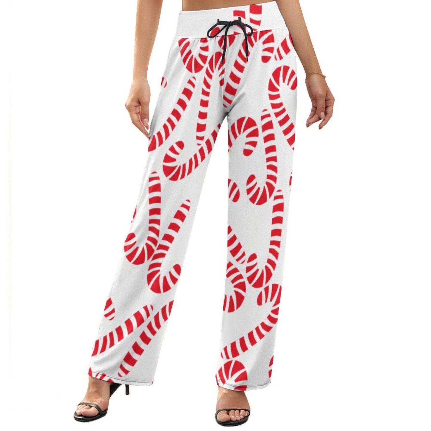 Light Pink Red Candy Cane Printed Women's High Waist Wide Leg Long Palazzo Lounge Pants-Charlylifestyle