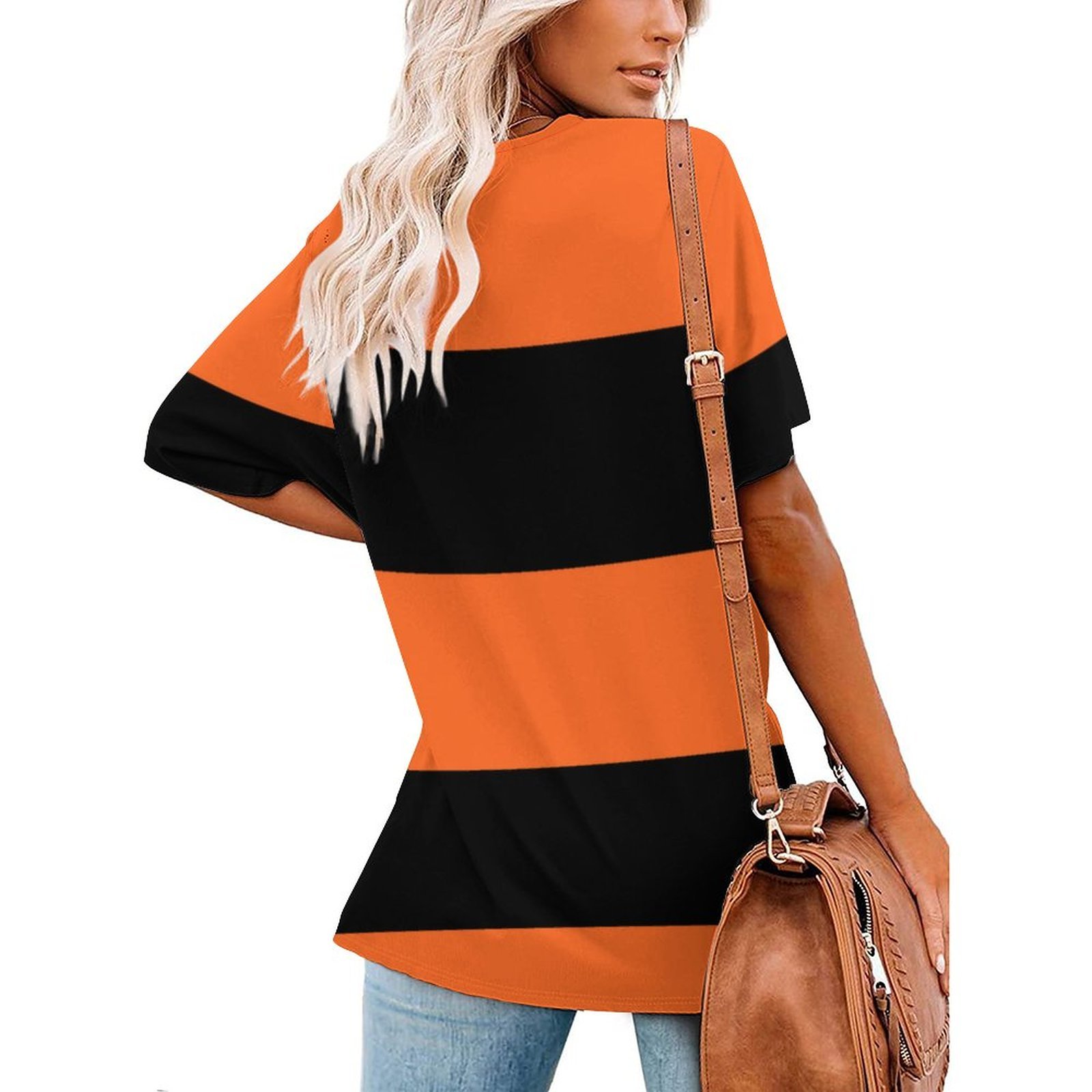 S-4XL Orange And Black Stripe Halloween Women T Shirts Basic V-Neck Tee Loose Vintage Fitting Oversize Short Sleeve Tops-Charlylifestyle