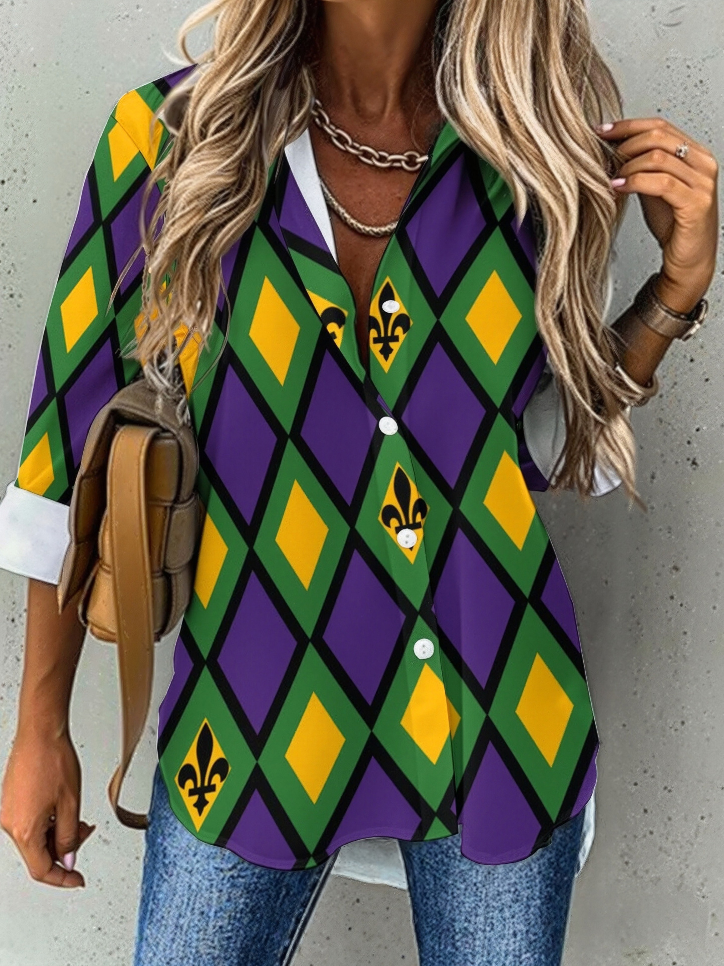 Mardi Gras Diamond Button Down V Neck Shirts Long Sleeve Turn Down Blouse Roll Up Cuffed Sleeve Casual Shirt Tops