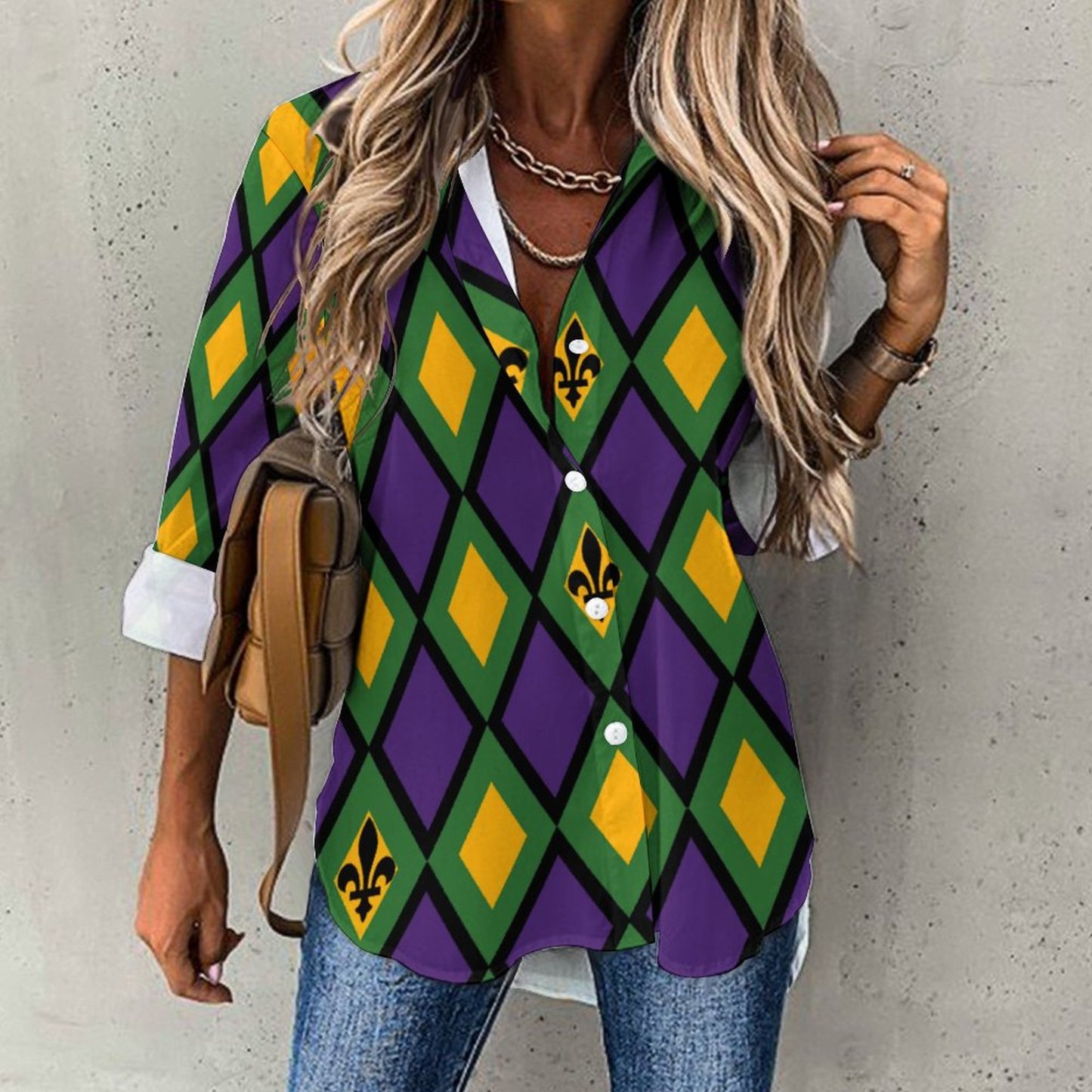 Mardi Gras Diamond Button Down V Neck Shirts Long Sleeve Turn Down Blouse Roll Up Cuffed Sleeve Casual Shirt Tops
