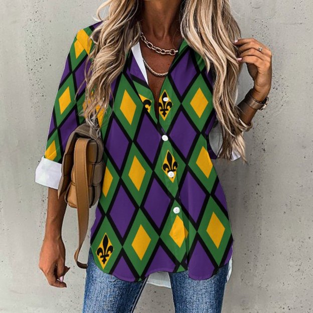 Mardi Gras Diamond Button Down V Neck Shirts Long Sleeve Turn Down Blouse Roll Up Cuffed Sleeve Casual Shirt Tops