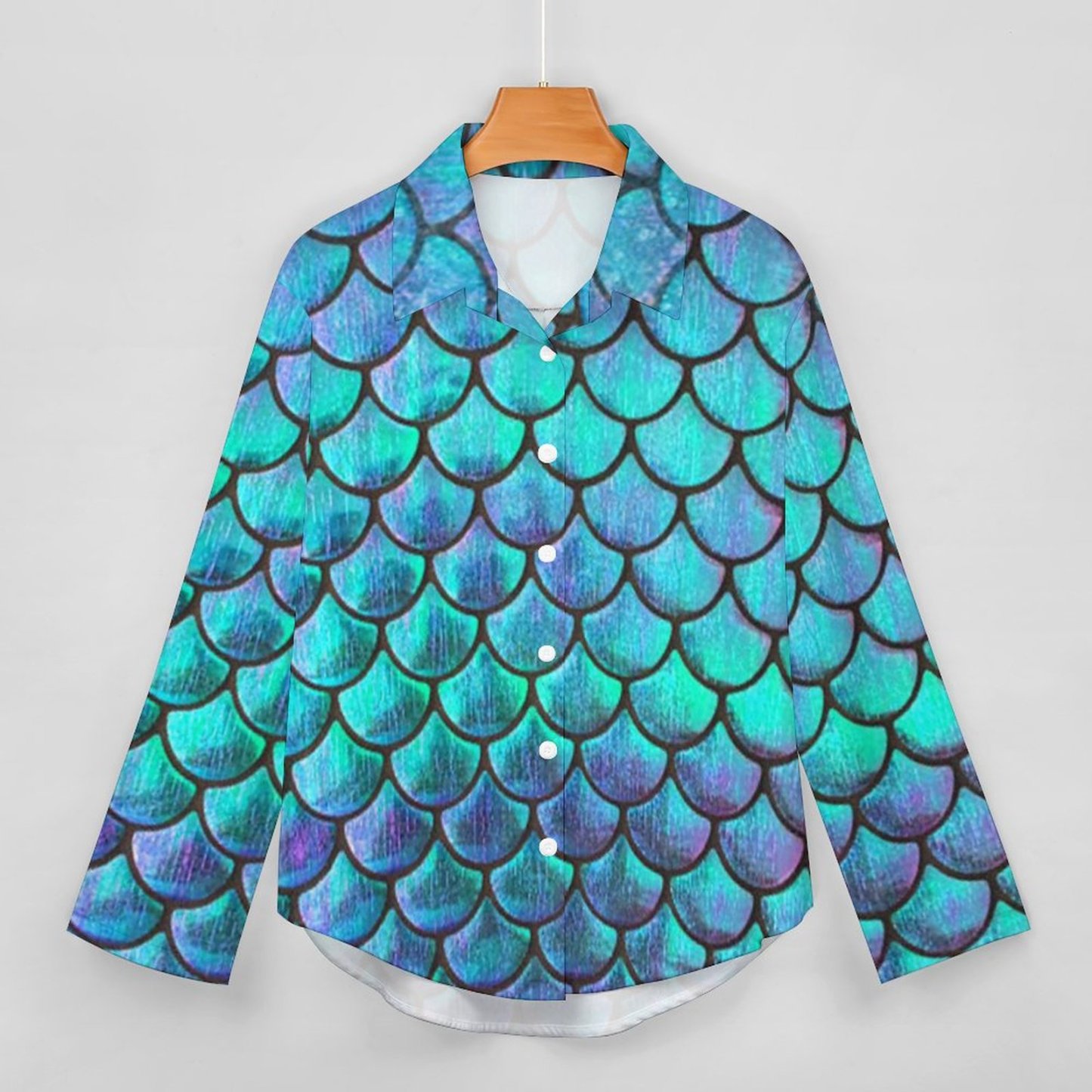 Personalized Mermaid Fish Scale Button Down Shirts- Custom Women Long Sleeve Blouse Tops Gift for Her